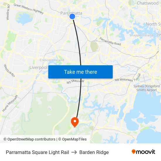 Parramatta Square Light Rail to Barden Ridge map