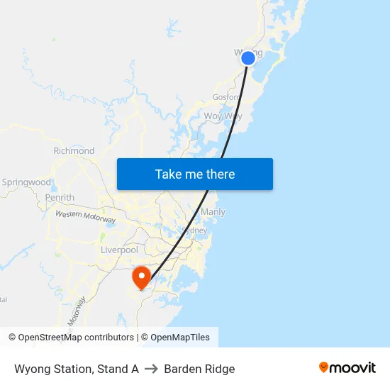 Wyong Station, Stand A to Barden Ridge map