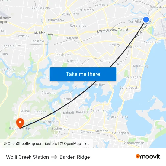 Wolli Creek Station to Barden Ridge map