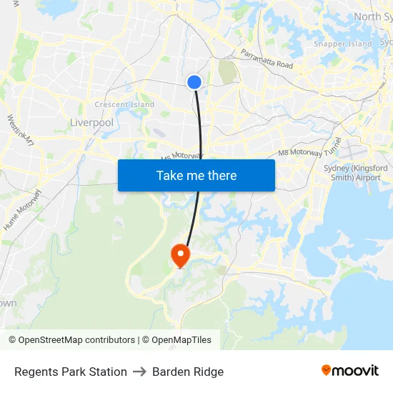 Regents Park Station to Barden Ridge map