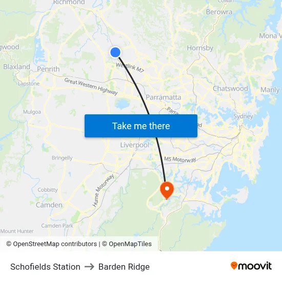 Schofields Station to Barden Ridge map