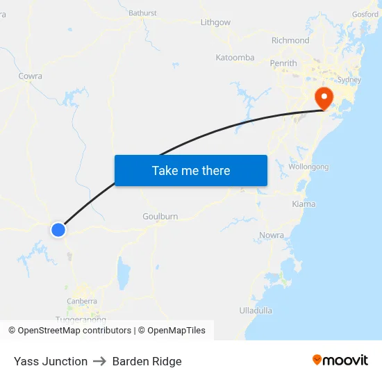 Yass Junction to Barden Ridge map
