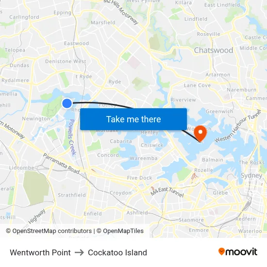 Wentworth Point to Cockatoo Island map