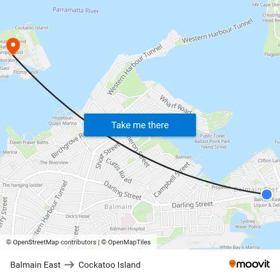 Balmain East to Cockatoo Island map