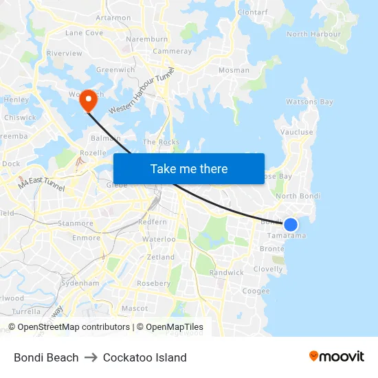 Bondi Beach to Cockatoo Island map