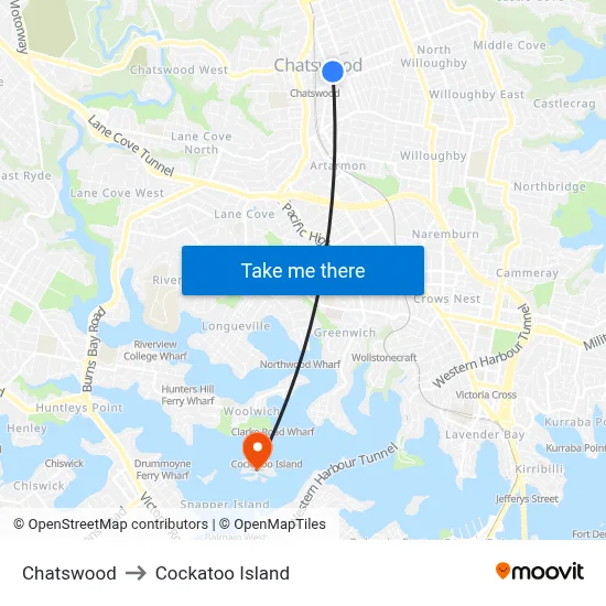 Chatswood to Cockatoo Island map