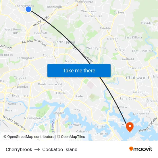 Cherrybrook to Cockatoo Island map