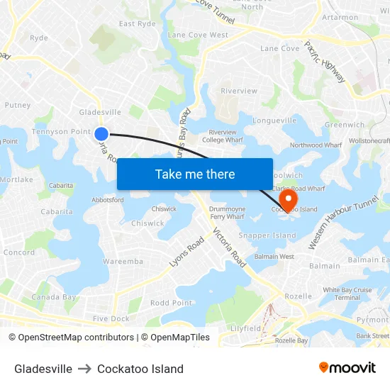 Gladesville to Cockatoo Island map