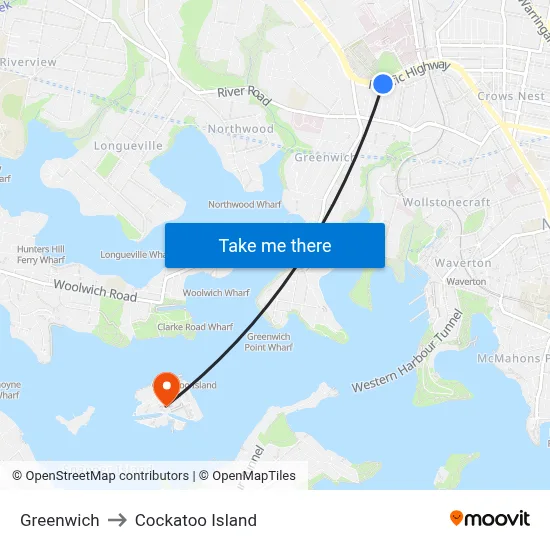 Greenwich to Cockatoo Island map