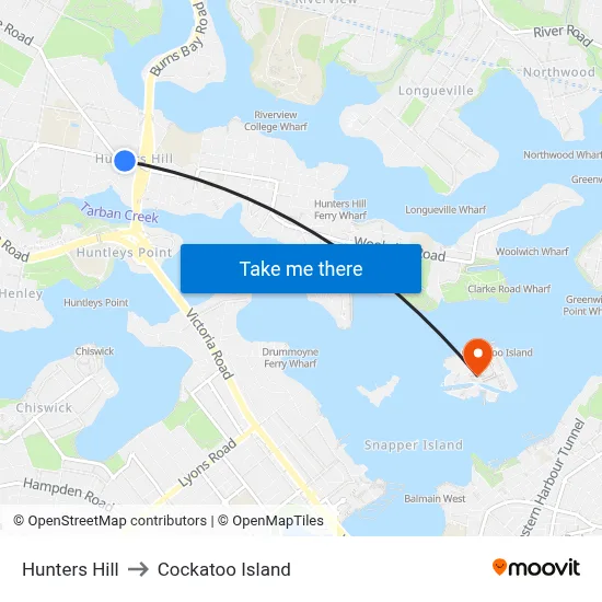 Hunters Hill to Cockatoo Island map