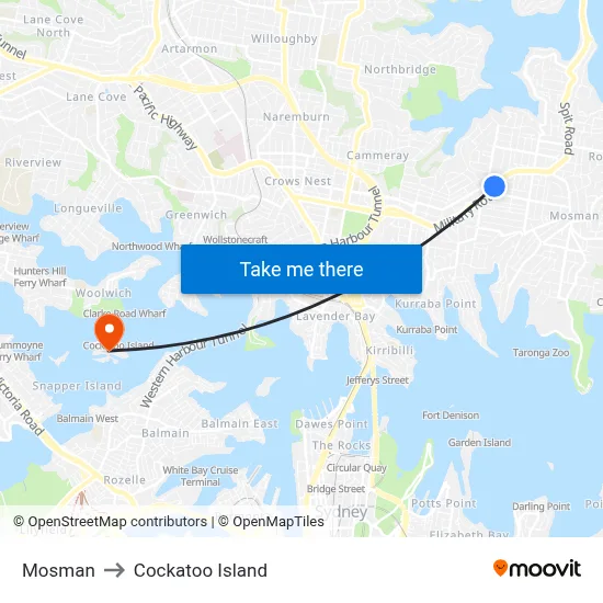 Mosman to Cockatoo Island map