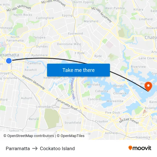 Parramatta to Cockatoo Island map