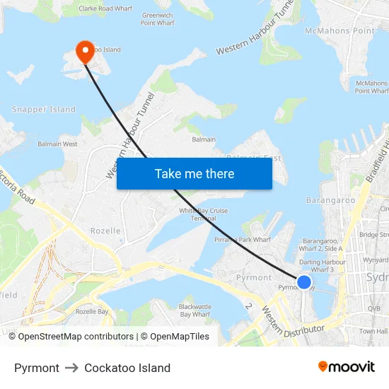 Pyrmont to Cockatoo Island map
