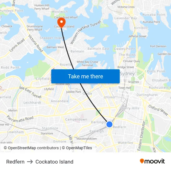 Redfern to Cockatoo Island map
