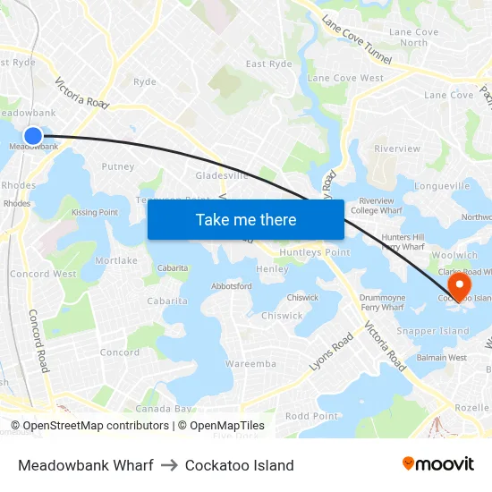Meadowbank Wharf to Cockatoo Island map