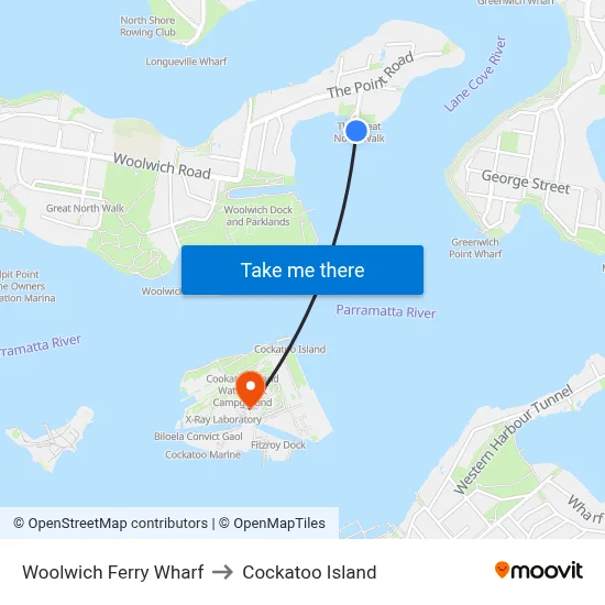 Woolwich Ferry Wharf to Cockatoo Island map
