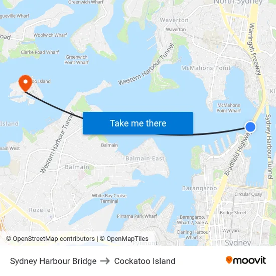 Sydney Harbour Bridge to Cockatoo Island map