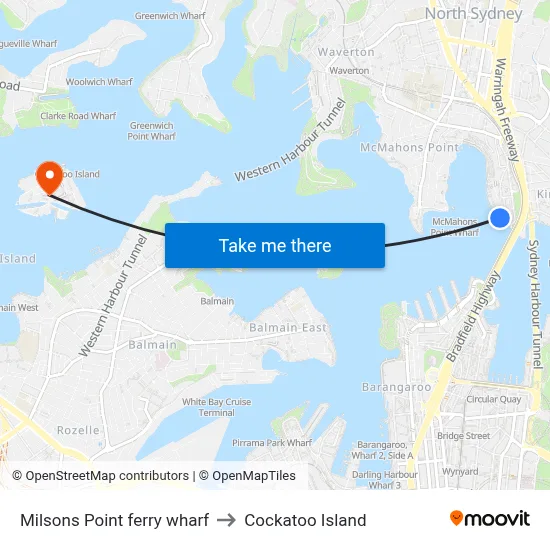 Milsons Point ferry wharf to Cockatoo Island map