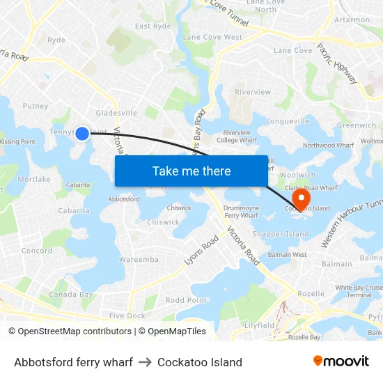 Abbotsford ferry wharf to Cockatoo Island map