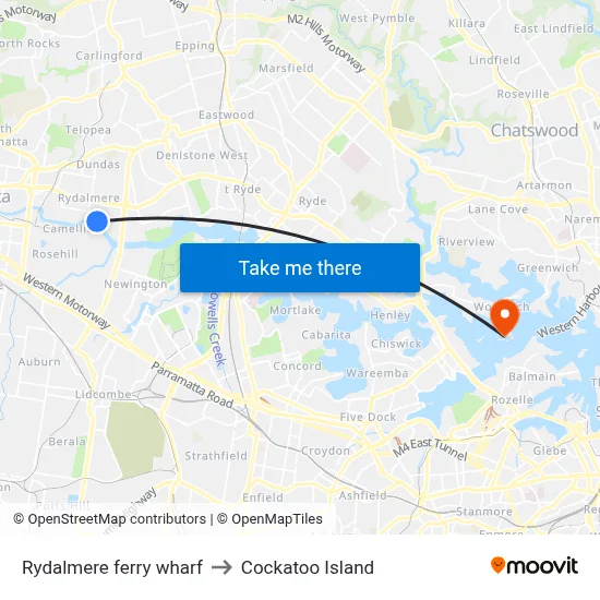 Rydalmere ferry wharf to Cockatoo Island map