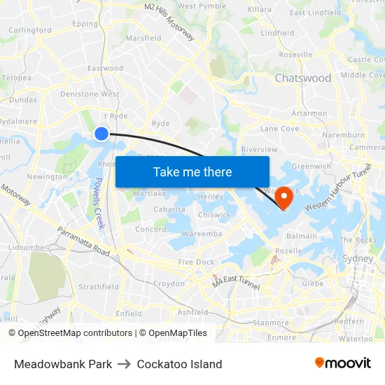 Meadowbank Park to Cockatoo Island map