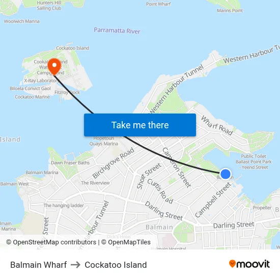 Balmain Wharf to Cockatoo Island map