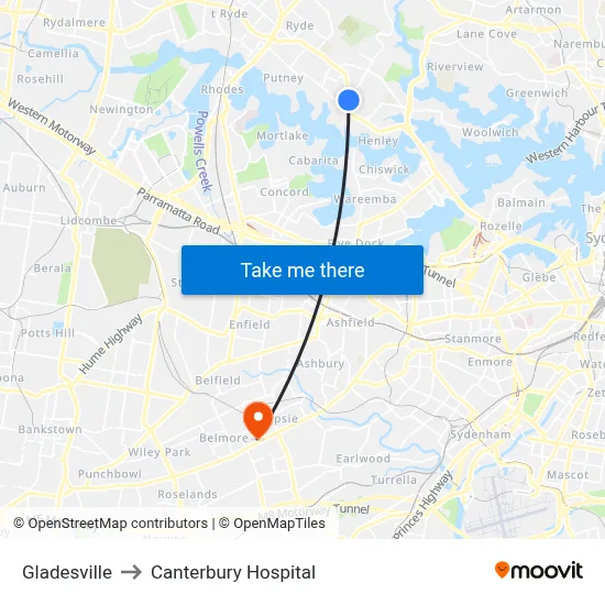 Gladesville to Canterbury Hospital map