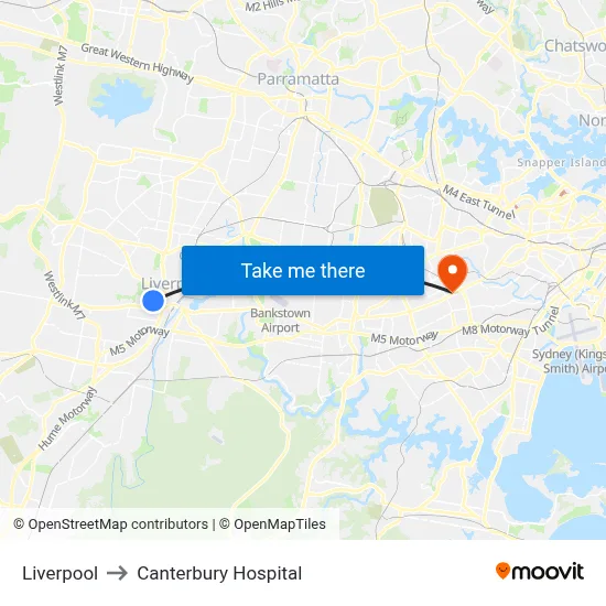 Liverpool to Canterbury Hospital map