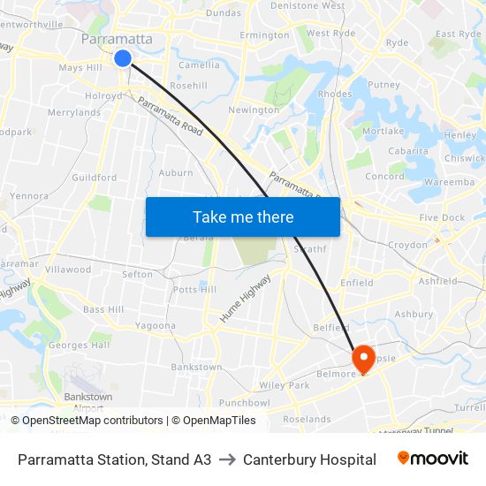 Parramatta Station, Stand A3 to Canterbury Hospital map