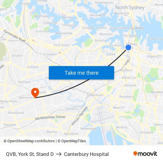 QVB, York St, Stand D to Canterbury Hospital map