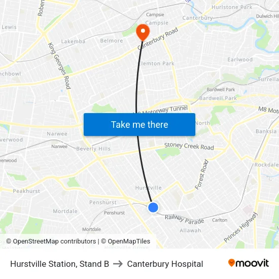 Hurstville Station, Stand B to Canterbury Hospital map