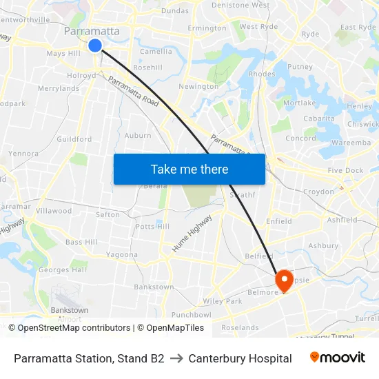 Parramatta Station, Stand B2 to Canterbury Hospital map