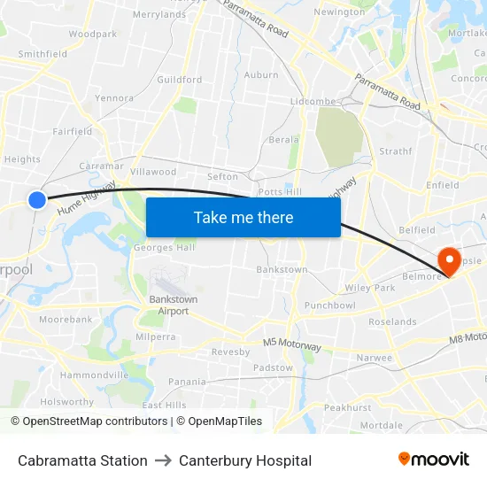 Cabramatta Station to Canterbury Hospital map