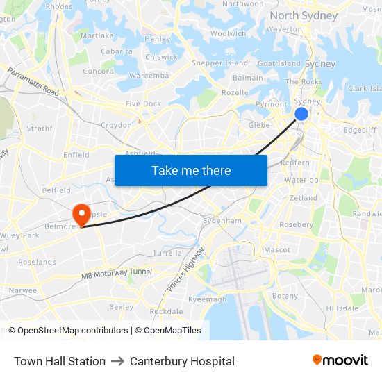 Town Hall Station to Canterbury Hospital map