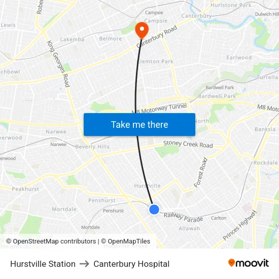 Hurstville Station to Canterbury Hospital map