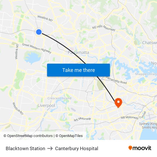 Blacktown Station to Canterbury Hospital map