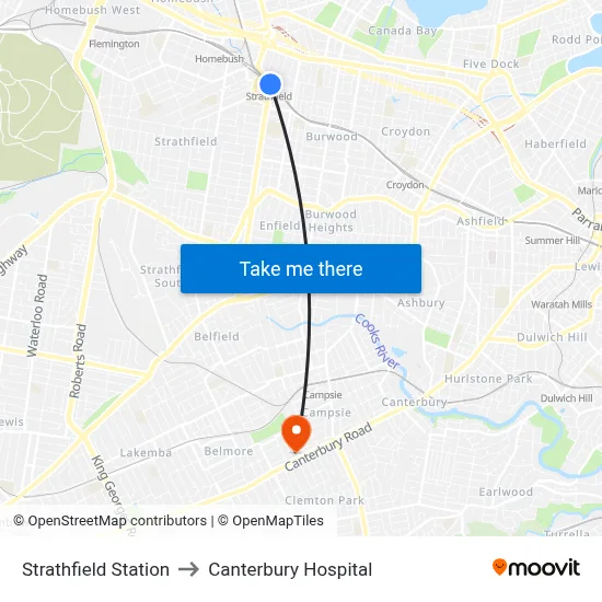 Strathfield Station to Canterbury Hospital map