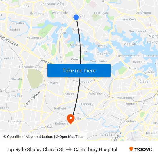 Top Ryde Shops, Church St to Canterbury Hospital map