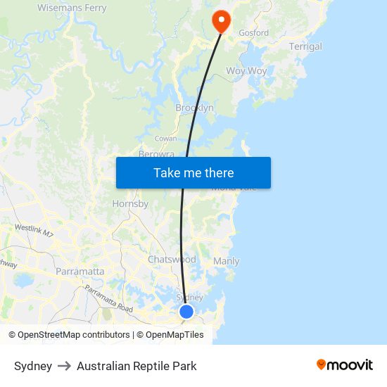 Sydney to Australian Reptile Park map