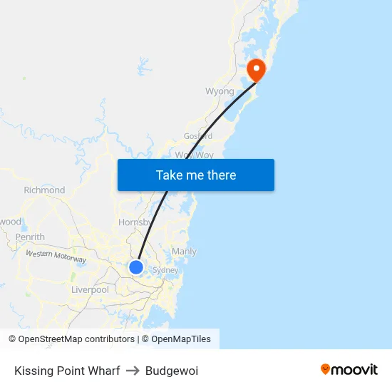 Kissing Point Wharf to Budgewoi map