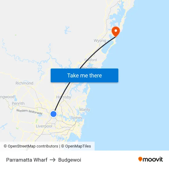 Parramatta Wharf to Budgewoi map