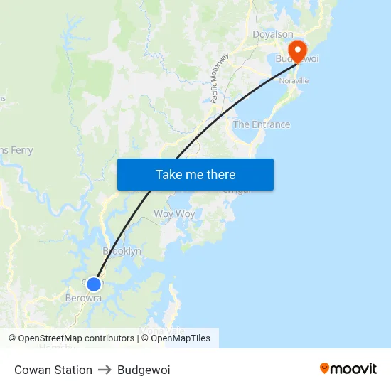 Cowan Station to Budgewoi map