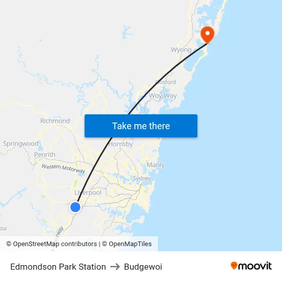 Edmondson Park Station to Budgewoi map