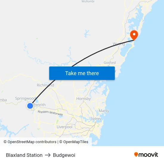 Blaxland Station to Budgewoi map