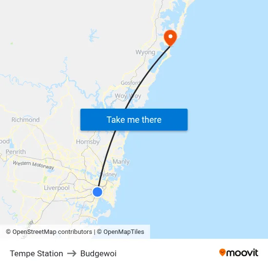 Tempe Station to Budgewoi map