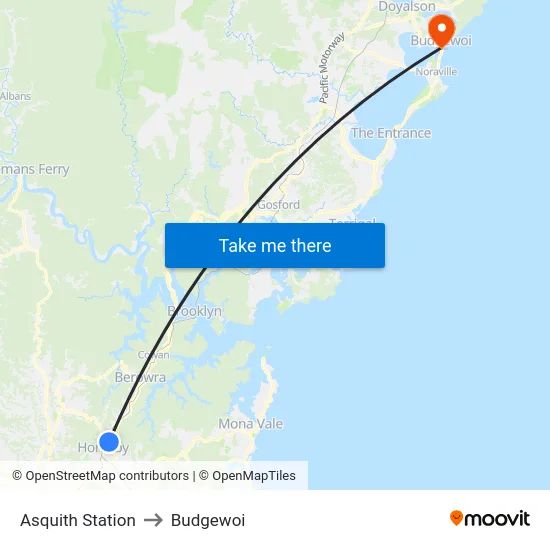 Asquith Station to Budgewoi map