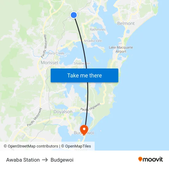 Awaba Station to Budgewoi map
