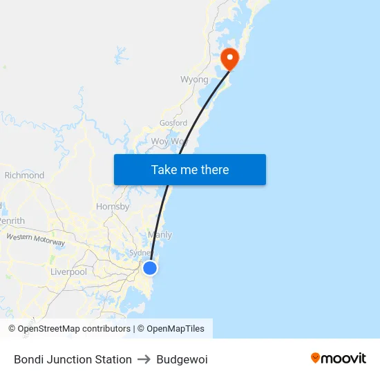 Bondi Junction Station to Budgewoi map