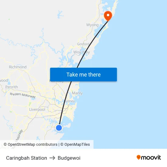 Caringbah Station to Budgewoi map