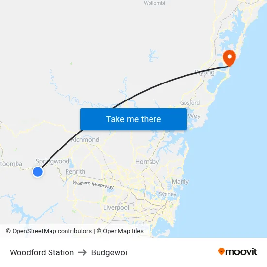Woodford Station to Budgewoi map